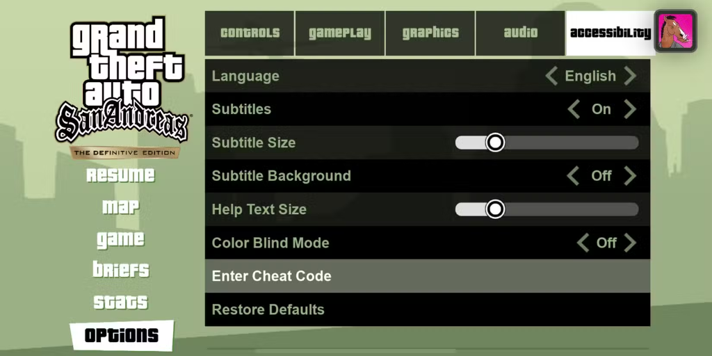 GTA San Andreas Mobile Accessibility Enter Cheat Code Menu